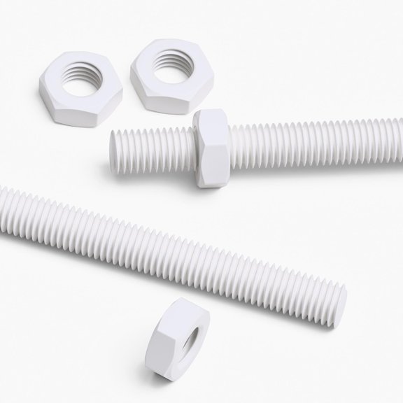 2x White PTFE M14 x 200 mm Threaded Rods Fully Threaded Plastic Studs