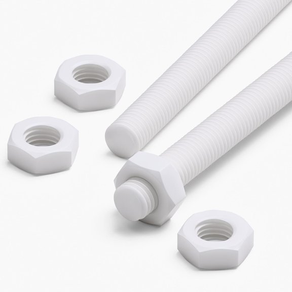 2x White PTFE M14 x 500 mm Threaded Rods Fully Threaded Plastic Studs