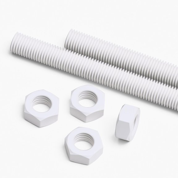 2x White PTFE M16 x 500 mm Threaded Rods Fully Threaded Plastic Studs
