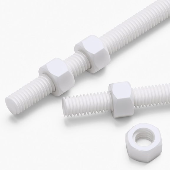 2x White PTFE M5 x 200 mm Threaded Rods Fully Threaded Plastic Studs