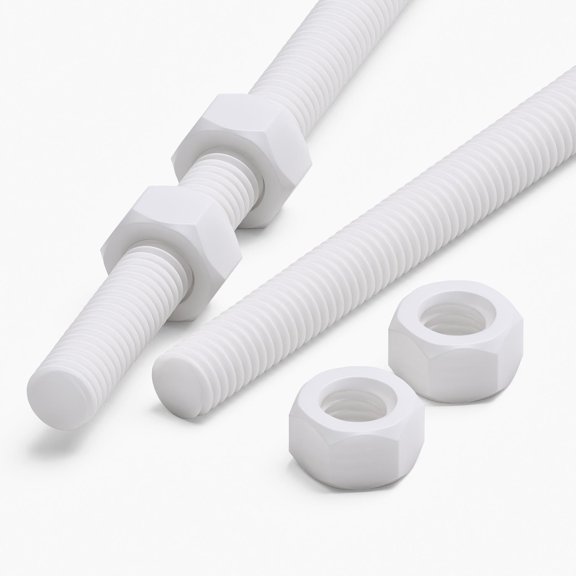 2x White PTFE M5 x 500 mm Threaded Rods Fully Threaded Plastic Studs