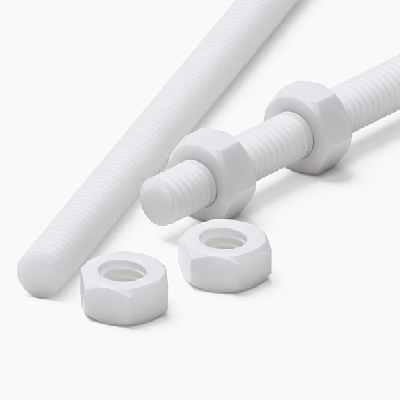 2x White PTFE M6 x 500 mm Threaded Rods Fully Threaded Plastic Studs