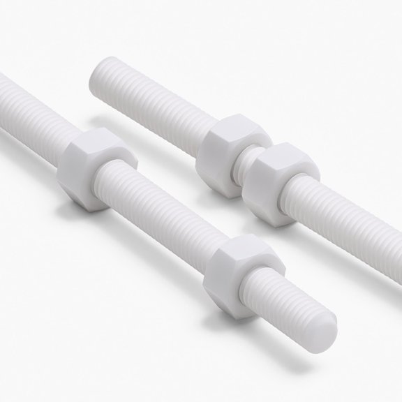 2x White PTFE M8 x 200 mm Threaded Rods Fully Threaded Plastic Studs