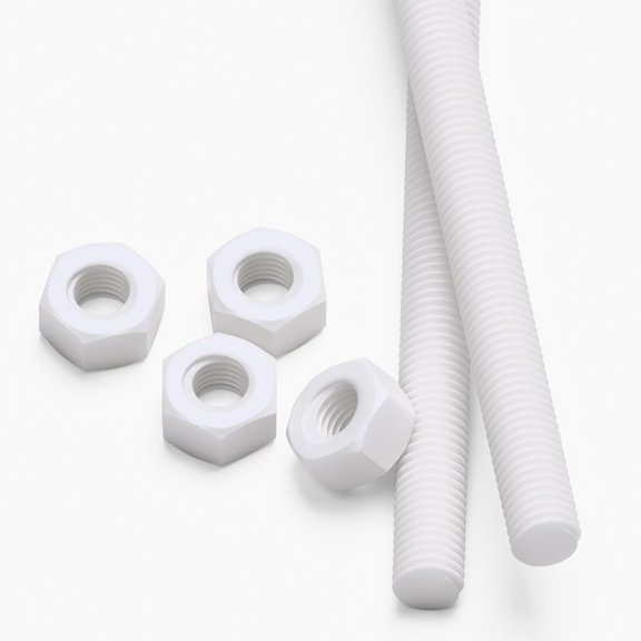 2x White PTFE M8 x 500 mm Threaded Rods Fully Threaded Plastic Studs