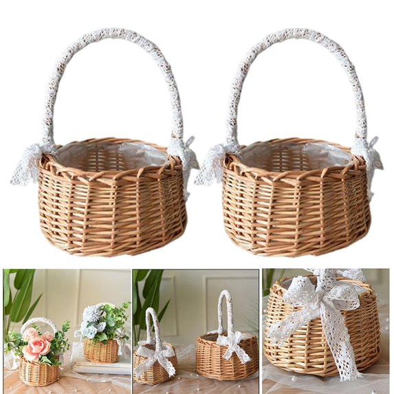2x Wicker Rattan Flower Basket Wedding Flower Girl Baskets Rustic Woven Storage Basket with Hale for Wedding Home Garden Decor natural