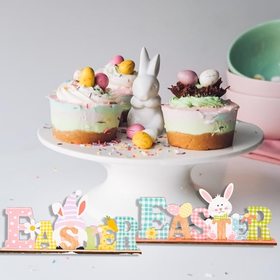 2x Wooden Easter Decorations Tabletop Signs Gnome Bunny Egg Spring Scene Decorative Table Centerpiece Props for Lawn, Holiday, Home, Mantle