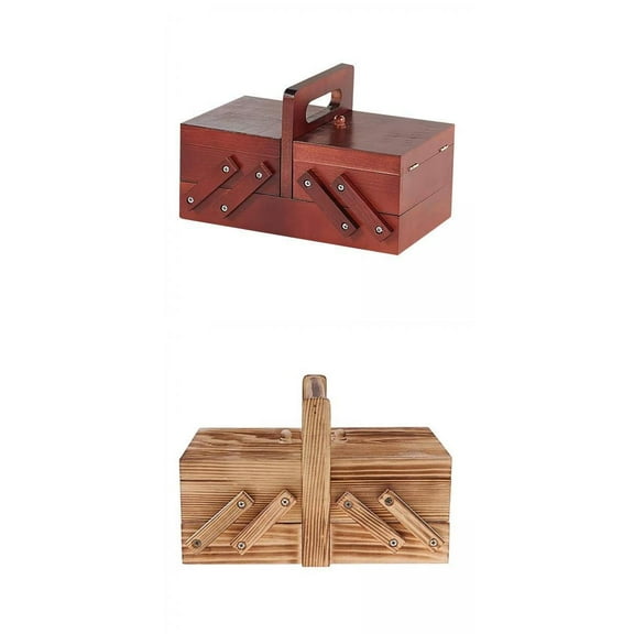 2x Wooden Sewing Box Sewing Accessories Storage Case for Sewing Beginner Sewing Starter Portable Home Sew Basket Large x13.5x15cm