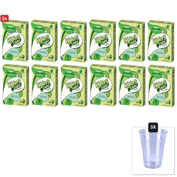 2x | Wylers Light Kiwi Lime- Singles To Go Powdered Drink Mix - Pack Of 6-8 Per Box 48 Total Servings - Delicious Tasting Kiwi Lime Flavor & 3x 16oz Plastic Cup with Strawless Sip-Lid