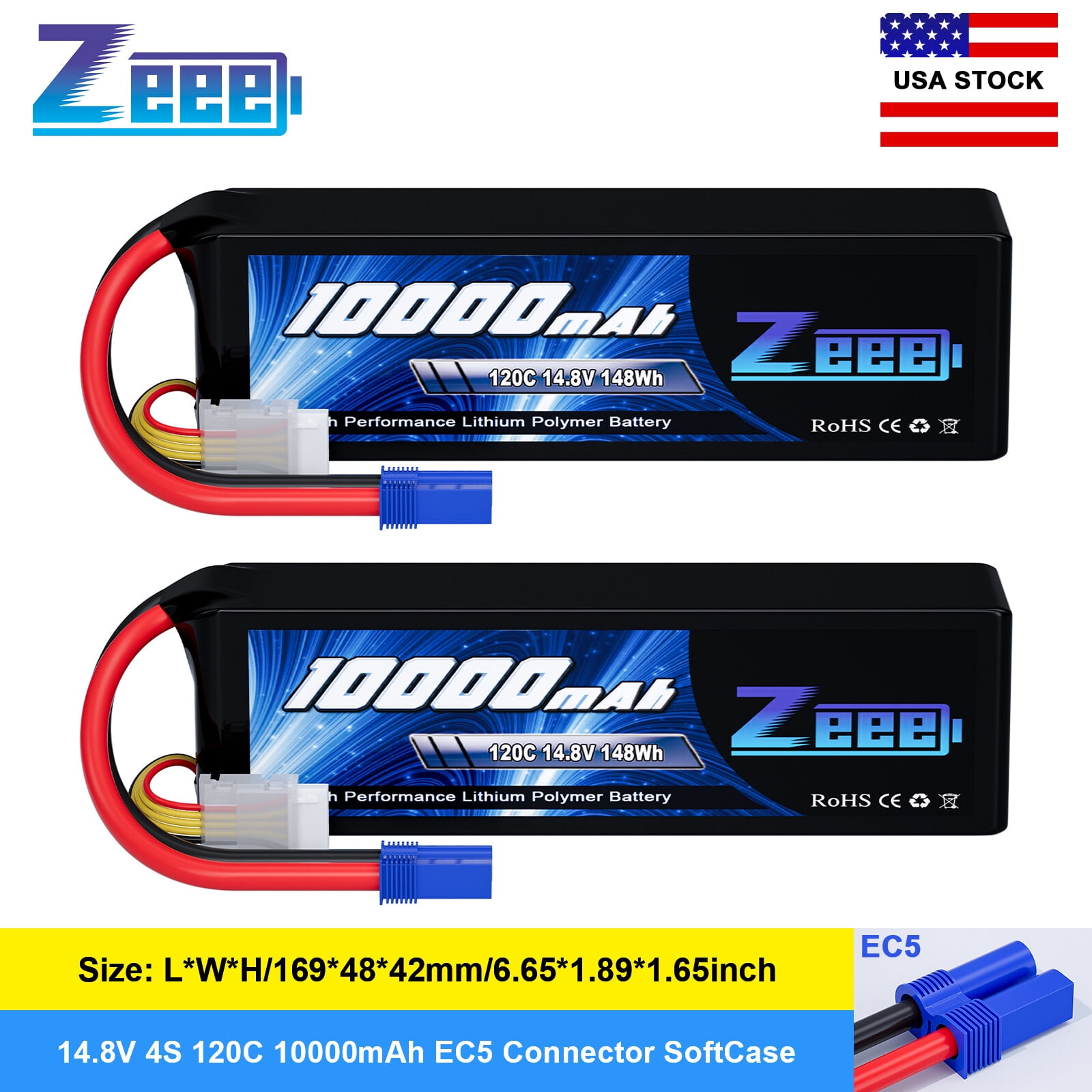 2x Zeee 14.8V 120C 4S Lipo Battery 10000mAh EC5 for RC Car Truck Tank RC Models
