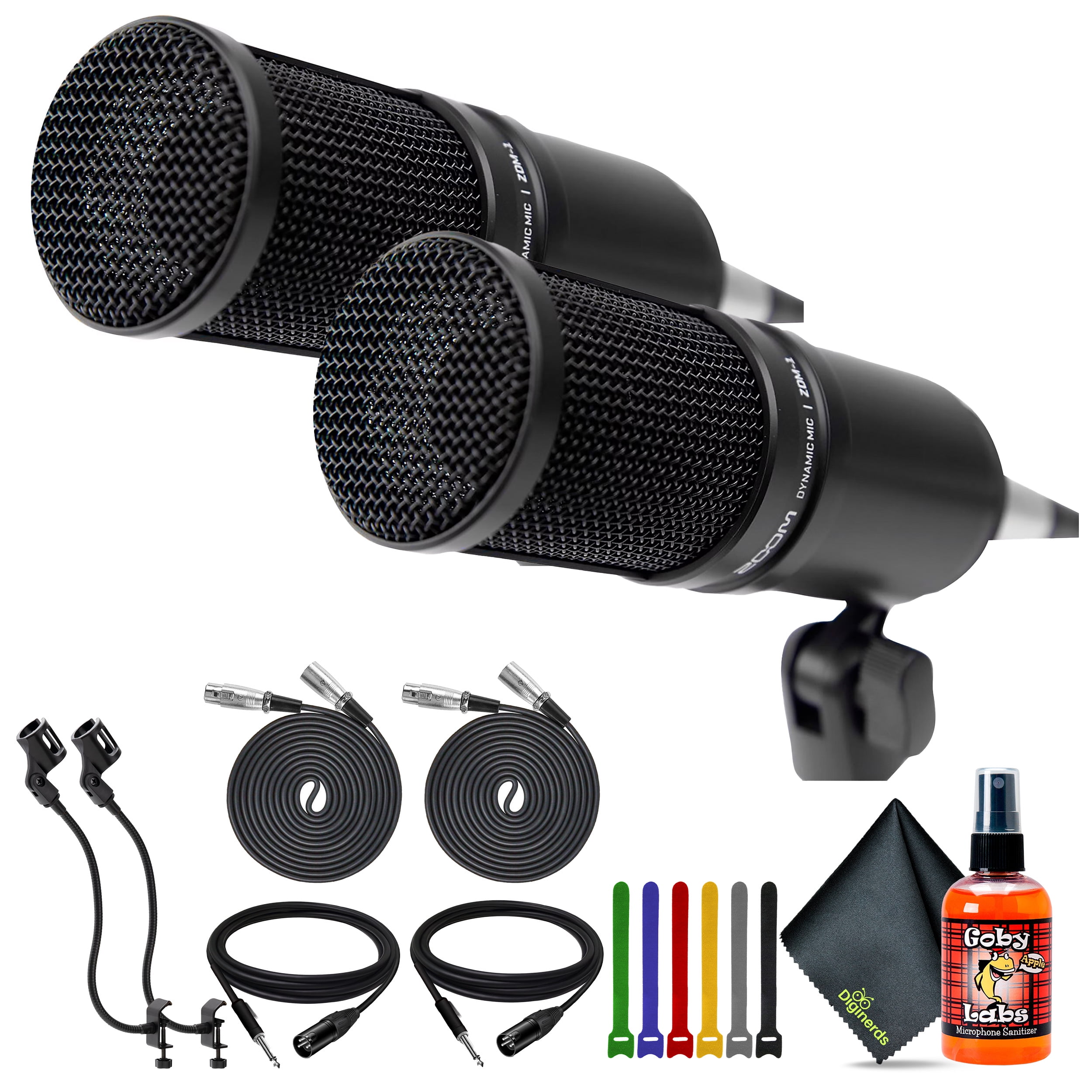 2x Zoom ZDM-1 Dynamic Podcasting Microphone + 2x 8-inch Flexible Desktop Microphone Stand + 2x XLR to XLR 3M Balanced Interconnect Cable + Goby Labs Sanitizer Spray for Microphones + More
