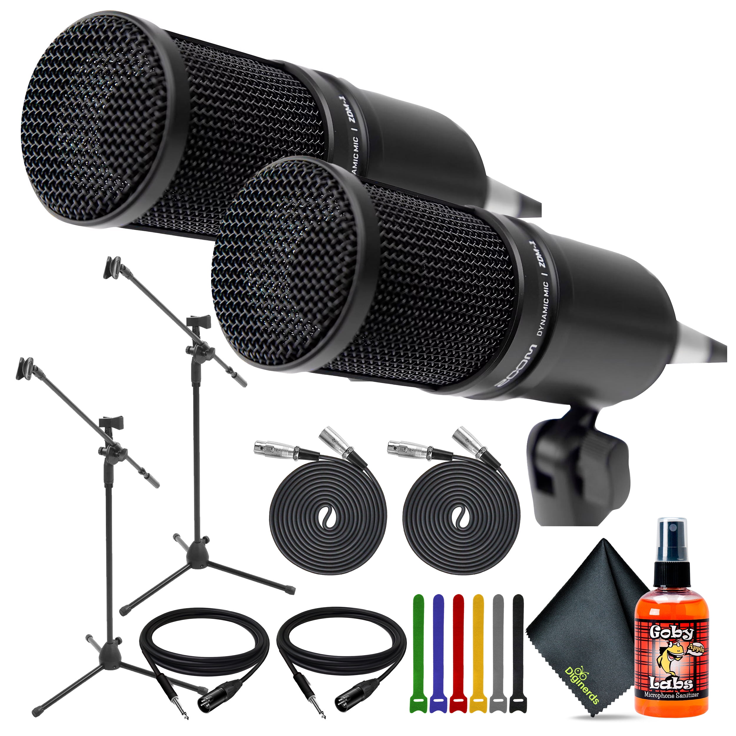 2x Zoom ZDM-1 Dynamic Podcasting Microphone + 2x Tripod Boom Microphone Adjustable Floor Stand - Black + 2x XLR to XLR 3M Interconnect Cable + Goby Labs Sanitizer Spray for Microphones + More
