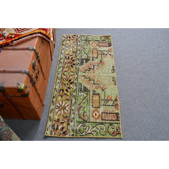 2x0.8 ft Small Rugs, Turkish Rug, Vintage Rug, Anatolian Rugs, Rugs For Entry, Green Cool Rugs, Bath Mat Boho, 12917