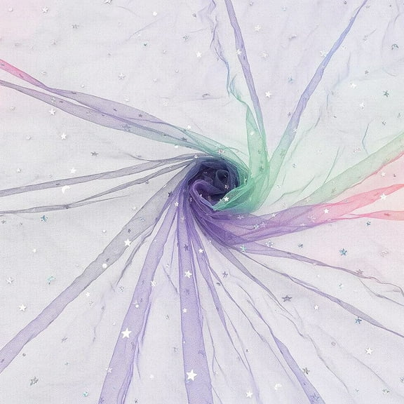 2x1.75 Yards Net Tulle Mesh Lace Fabric Rainbow Sparkling Tulle Gauze Fabric Tie Dye Silver Star Mesh Tulle Fabric Glitter Star Moon Sequin Net Yarn Tutu Skirts Sewing DIY Crafts Making