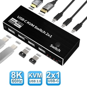 2x1 USB-C KVM Switch,AUBEAMTO 8K 60Hz USB-C Switch Box, 2 PC Input 1 DisplayPort / HDMI Monitor Output, 2 Laptop Share 4 USB Devices Support One Button switching for Macbook Laptop PC