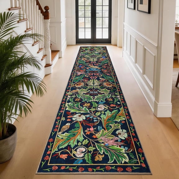 2x10 Botanical Runners for Hallways Kitchen Rug Non Slip, Long Washable Boho Jungle Runner Rugs, Soft Floral Forest Birds Carpet Runner for Hall, Laundry, Bedroom, Bathroom (Dark Green)