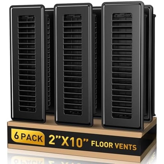 2x10 Floor Register 6-Pack, Heavy Duty Steel Vent Covers, Adjustable Quiet Airflow Vent Grill, Rust-Proof Black Finish 2 inch by 10 Inch HVAC Vents for Floor/Sidewall