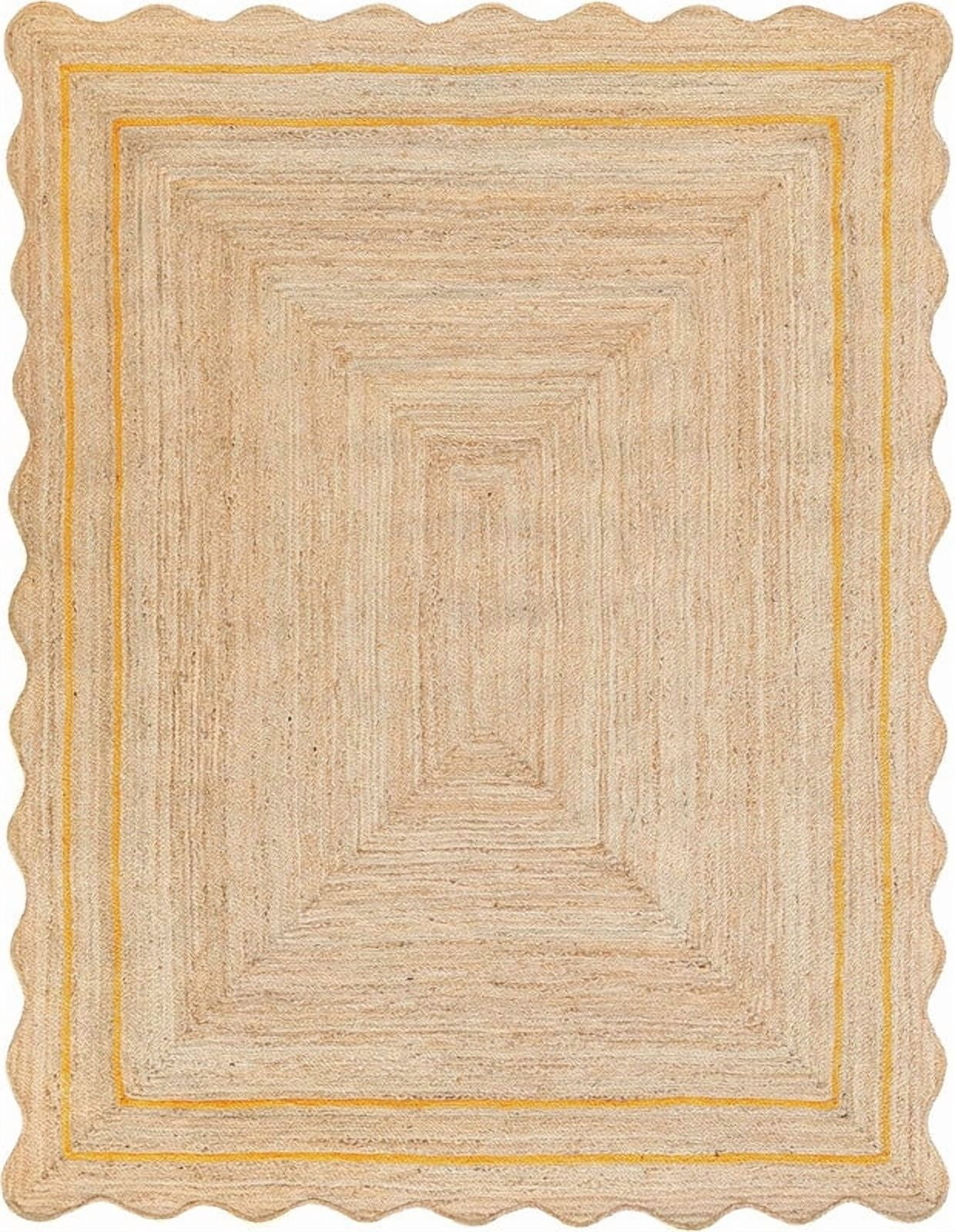 2x10 Ft Yellow Border Premium Scalloped Jute Rug, Handcrafted Natural Braided Carpet for Living Room, Bedroom, Entryway, Hallway etc.