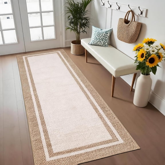 2x10 Hallway Runner Rug Modern Border Area Rug Washable Kitchen Runner Rug Stain Resistant Entry Rugs Non Slip Low Pile Floor Cover for Living Room Bedroom Dining RoomBeige