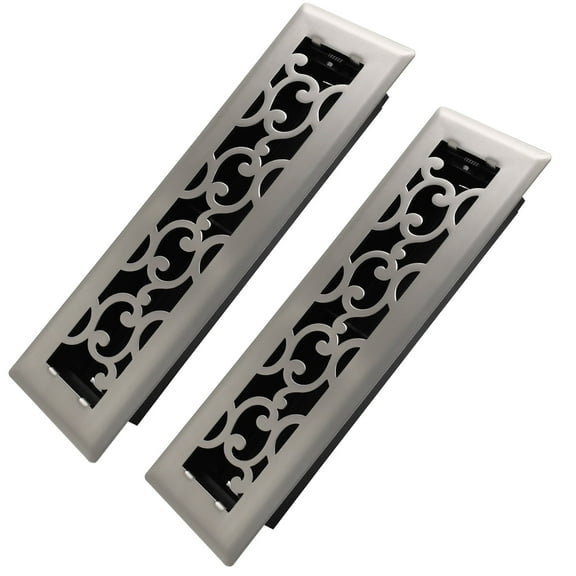 2x10 inches 2-Pack Steel Heavy-Duty Walkable Floor Register with Adjustable Air Lever - Savannah Design - Satin Nickel