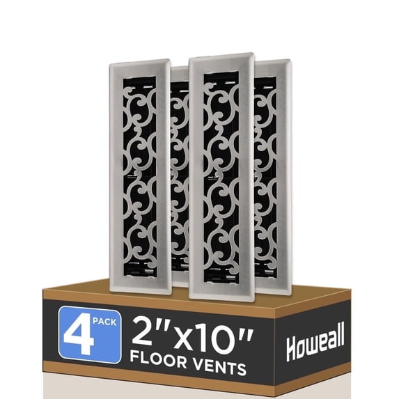 2x10 Inches 4 Pack Heavy Duty Walkable Floor Register - Easy Adjust Air Supply Lever Decorative Floor Vent Covers, Savannah Design Vent Covers for Home - Satin Nickel
