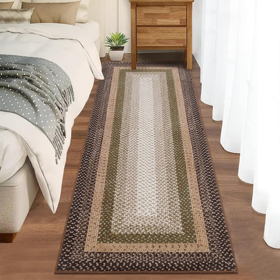 2x10 Long Hallway Runner Rug Braided Print Area Rug Runner Non Slip Kitchen Runner Mat Washable Rug Farmhouse Carpet Rustic Accent Area Rug for Living Room Bedroom Bathroom, Moss/Brown