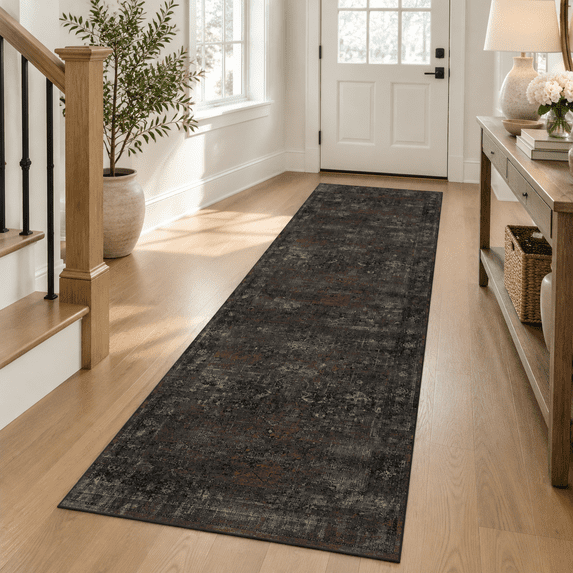 2x10 Long Hallway Runner Rug Volcanic Charcoal Black Textured Washable ...