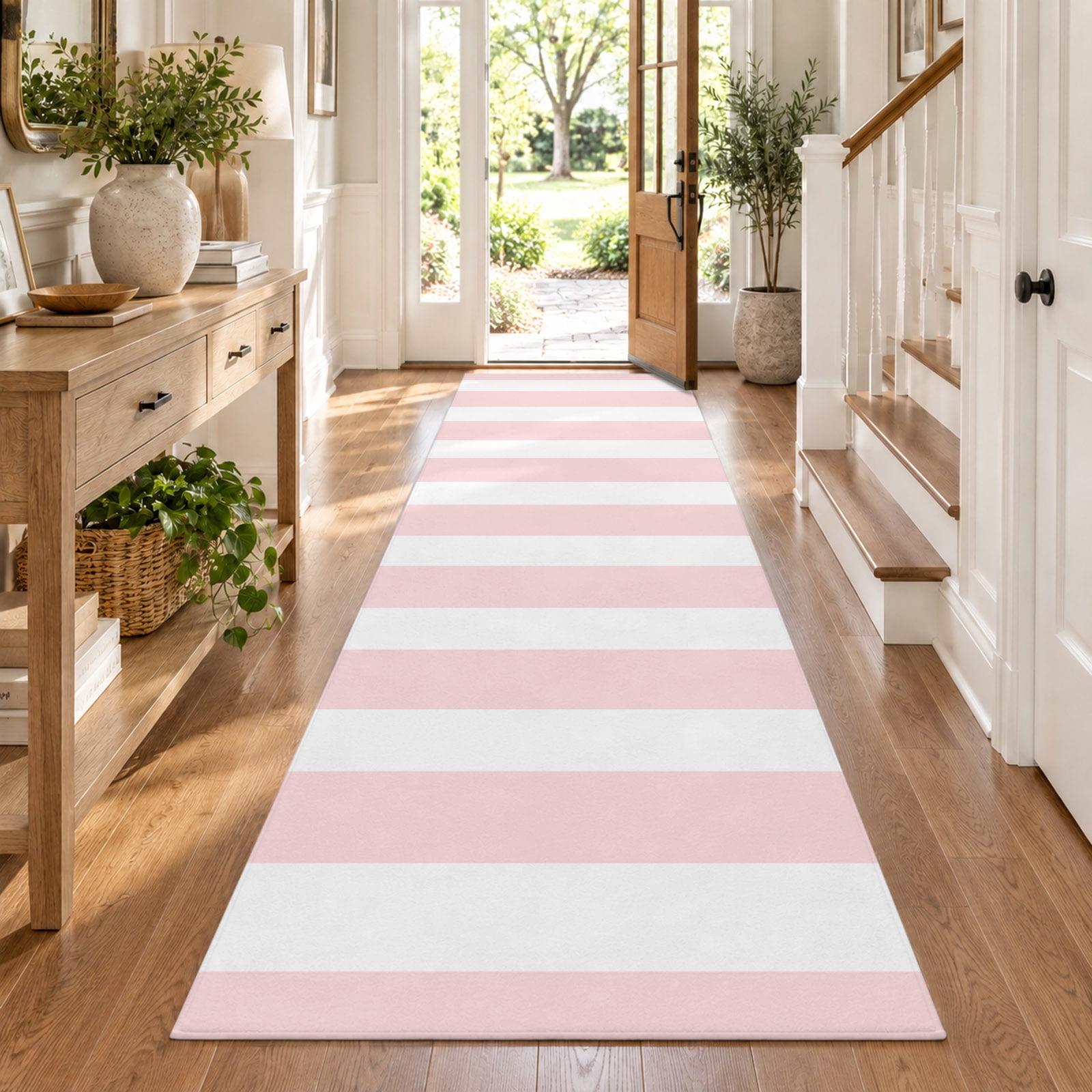 2x10 Runner Rug for Hallway Pink and White Striped Washable Non-Slip ...
