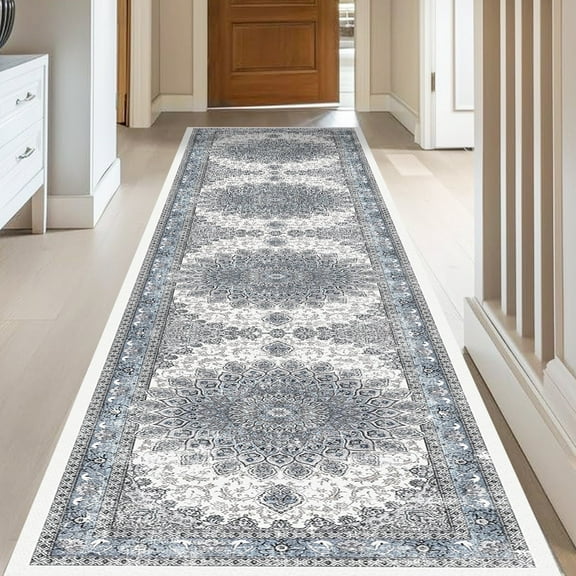 Vintage Hallway Runner Rugs, 2x10, Non-Slip, Washable, Low Pile,Foldable,Blue Entryway Runners