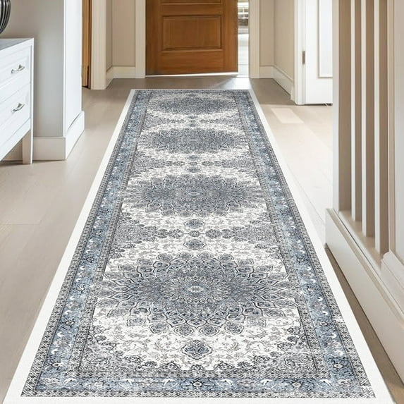 Vintage Hallway Runner Rugs, 2x10, Non-Slip, Washable, Low Pile,Foldable,Blue Entryway Runners