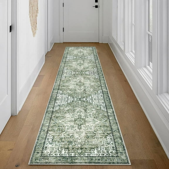 2x10 Sage Green Runner for Hallways, Non-Slip Washable Kitchen Runner, Vintage Boho Runners Printed Rug with Non-Shedding, Soft Medallion Floor Carpet Rugs for Laundry Bedroom Entryway