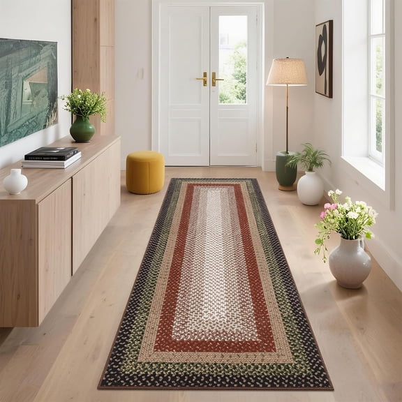 2x10 Washable Hallway Runner Rug, Low Pile Faux Wool Area Rug with Printed Braided Pattern, Non Slip TPR Backing Carpet for Kitchen, Entryway, Bathroom, Laundry Room, Bedroom,Red+Black