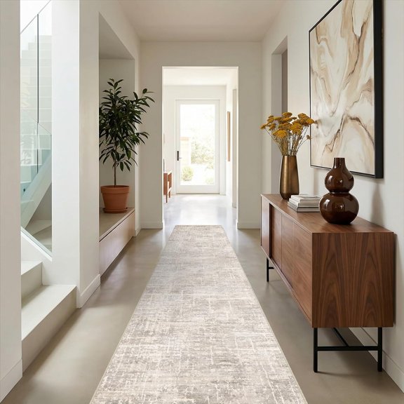 2x10 Washable Hallway Runner Rug - Modern Abstract Neutral Long Carpet with Non-Slip Backing Low-Pile Stain-Resistant Thin Runners for Kitchen Bathroom Bedroom Entryway (2x10, Beige)