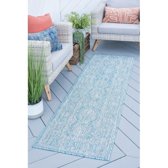 2x10 Water Resistant, Indoor Outdoor Runner Rugs for Patios, Hallway, Entryway, Deck, Porch, Balcony or Kitchen | Outside Area Rug for Patio | Aqua, Border | Size: 2'3'' x 10'
