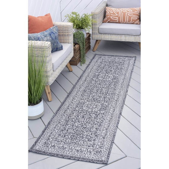 2x10 Water Resistant, Indoor Outdoor Runner Rugs for Patios, Hallway, Entryway, Deck, Porch, Balcony or Kitchen | Outside Area Rug for Patio | Charcoal, Floral | Size: 2'3'' x 10'