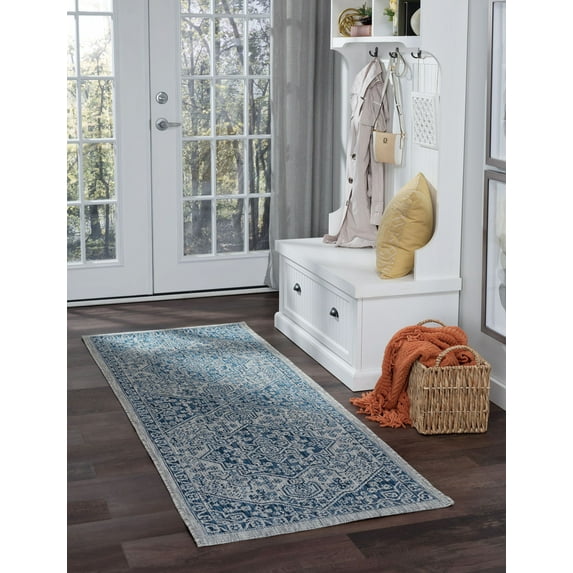2x10 Water Resistant, Indoor Outdoor Runner Rugs for Patios, Hallway, Entryway, Deck, Porch, Balcony or Kitchen | Outside Area Rug for Patio | Indigo, Medallion | Size: 2'3'' x 10'