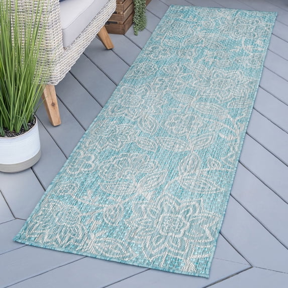 2x10 Water Resistant, Indoor Outdoor Runner Rugs for Patios, Hallway, Entryway, Deck, Porch, Balcony or Kitchen | Outside Area Rug for Patio | Seafoam, Floral | Size: 2'3'' x 10'