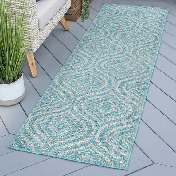 2x10 Water Resistant, Indoor Outdoor Runner Rugs for Patios, Hallway, Entryway, Deck, Porch, Balcony or Kitchen | Outside Area Rug for Patio | Seafoam, Geometric | Size: 2'3'' x 10'