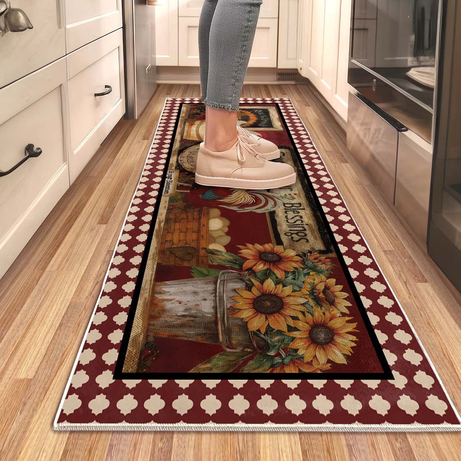 Rooster Design Kitchen Rugs 2x10 ft Rooster Style Area Rug Runner Farmhouse Style Sunflower Decor ...