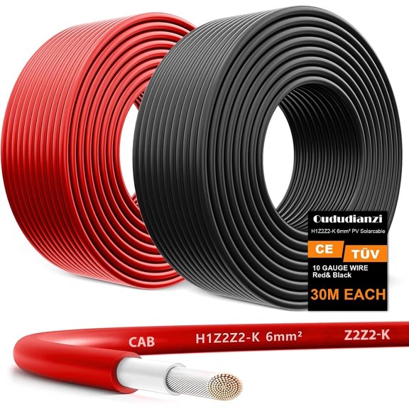 2x100 Feet Solar Panel Wire, 10AWG Solar Wire Tinned Copper PV Cable for Outdoor Automotive RV Solar Panels Boat Marine