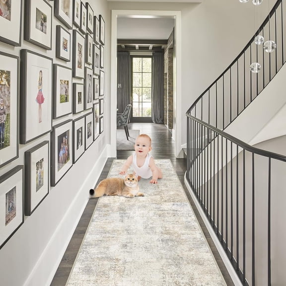 2x12 Beige Abstract Hallway Runner Rug