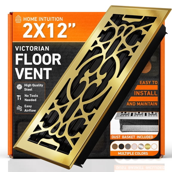 2x12 Floor Vent Covers Floor Register with Mesh Cover Trap, Heat and Air, Walkable Metal Floor Register for HVAC Duct, Victorian, Polished Brass