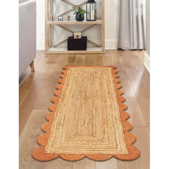 2x12 Ft Orange & Natural Jute Premium Scalloped Jute Rug – Handcrafted Natural Braided Carpet for Living Room, Bedroom, Entryway – Boho Home Decor