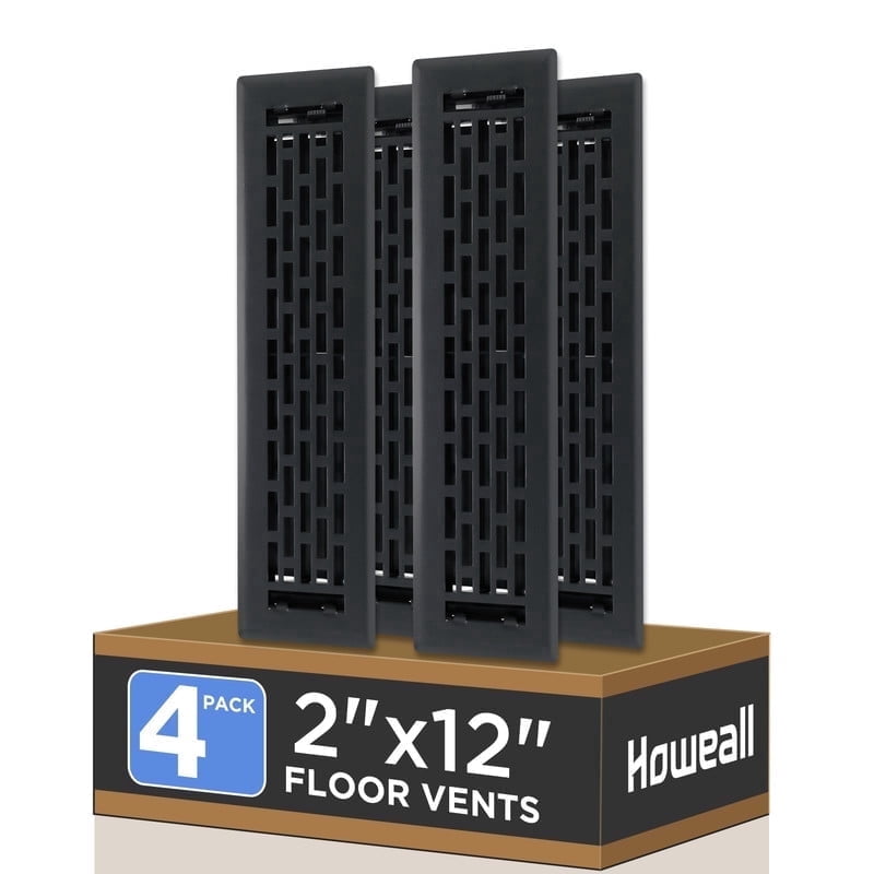 2x12 Inches 4 Pack Heavy Duty Walkable Floor Register - Easy Adjust Air Supply Lever Decorative Floor Vent Covers, Boston Design Vent Covers for Home - Matte Black