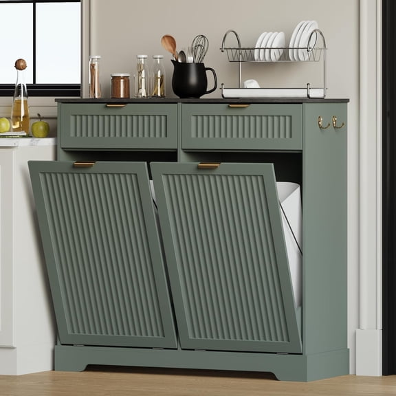 2x13 Gallons Double Tilt Out Trash Can Cabinet, Wooden Fluted Trash Garbage Can Cabinet with 2 Drawers, Hidden Laundry Hamper with Hooks for Kitchen Living Room, Green