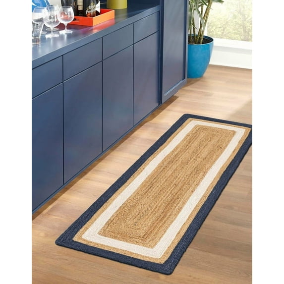 2x14 Ft Beige and Navy Blue & White Jute Area Rug, Hand-Woven, Reversible, Farmhouse Boho Style, Durable & Pet-Friendly Rug for Living Room, Dining Room, and Bedroom