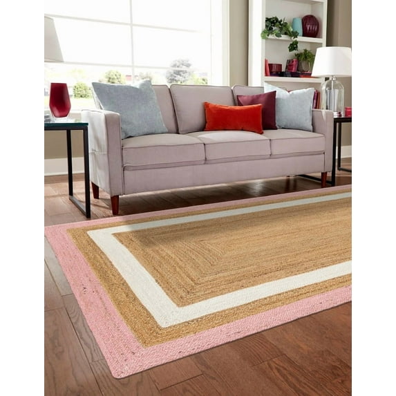2x14 Ft Pink and White & Natural Jute Area Rug, Hand-Woven, Reversible, Farmhouse Boho Style, Durable & Pet-Friendly Rug for Living Room, Dining Room, and Bedroom