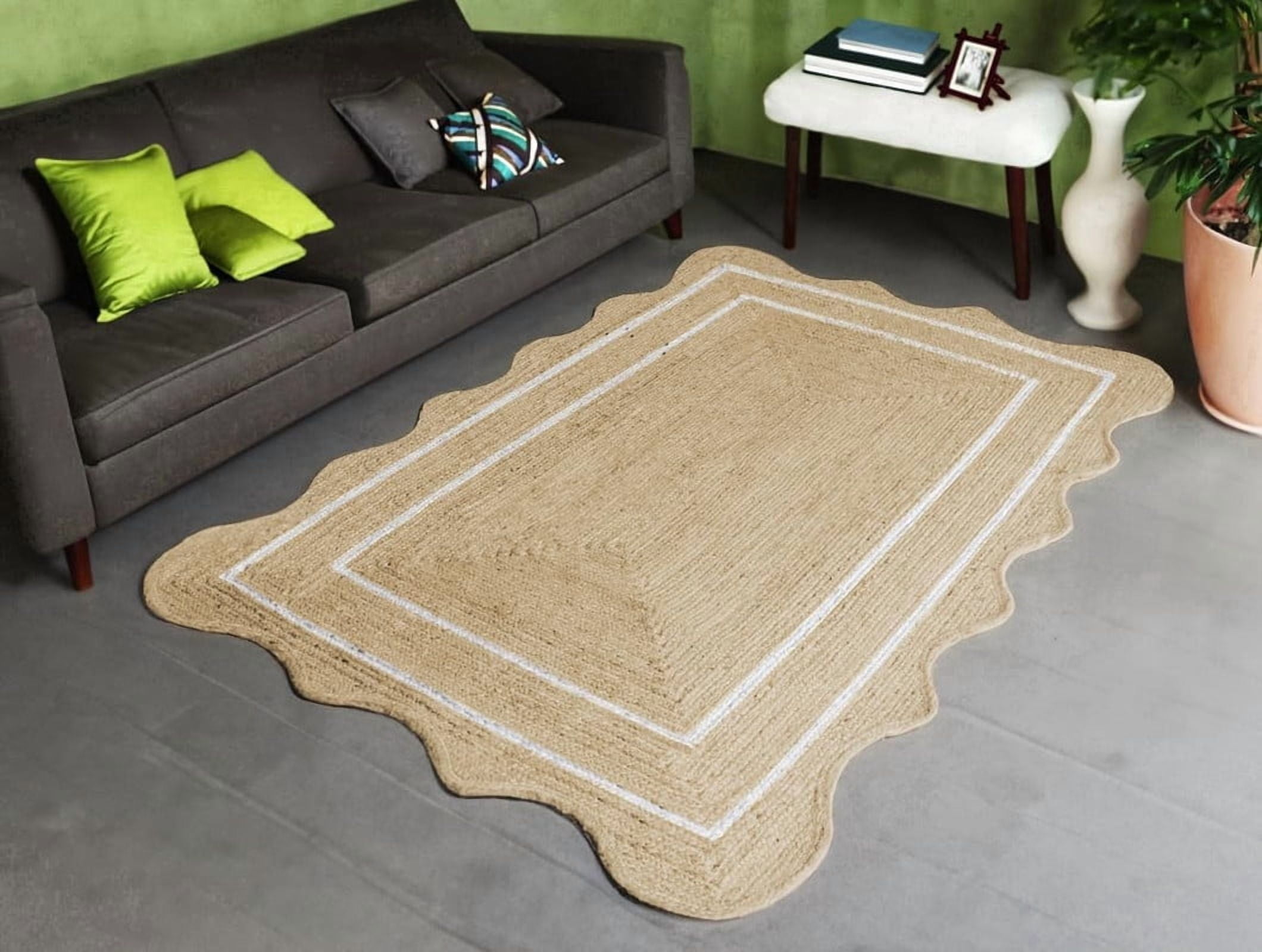 2x15 Ft White Border Premium Scalloped Jute Rug – Handcrafted Natural ...
