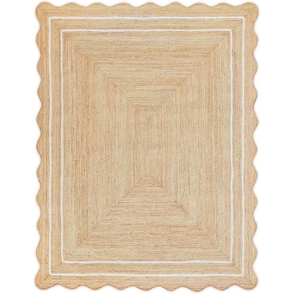 2x16 Ft White Border Premium Scalloped Jute Rug, Handcrafted Natural Braided Carpet for Living Room, Bedroom, Entryway, Hallway etc.