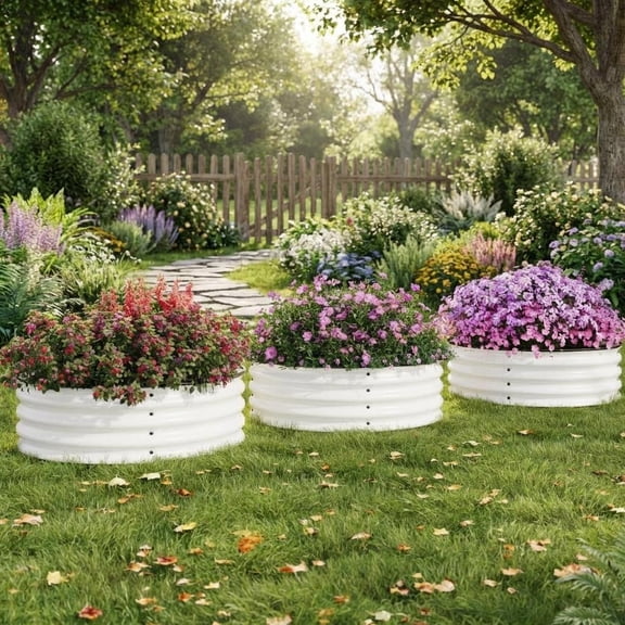 2x1FT Round Galvanized Raised Garden Bed, Rust & Corrosion Resistant Metal Box with Safe Edging for Outdoor Gardening, White