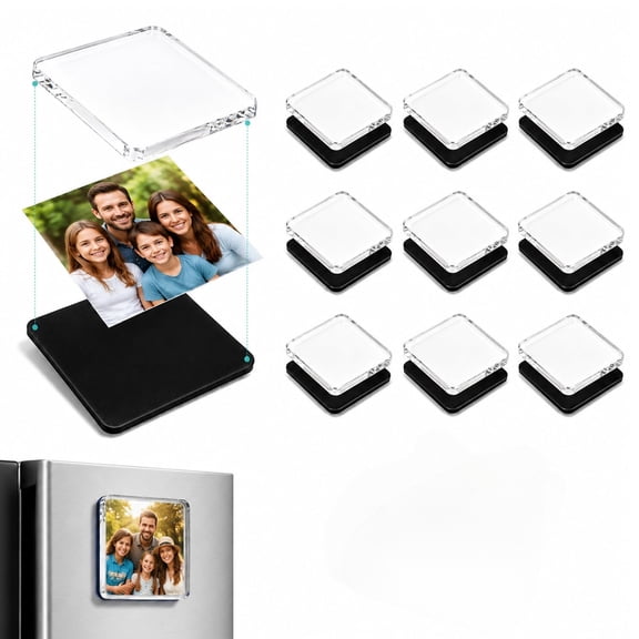 2x2 Clear Acrylic Fridge Magnets, DIY Photo Magnet Kit with Adhesive Backing, Square Magnetic Picture Frames for Refrigerator Locker Whiteboard, Mini Craft Display Set (A)